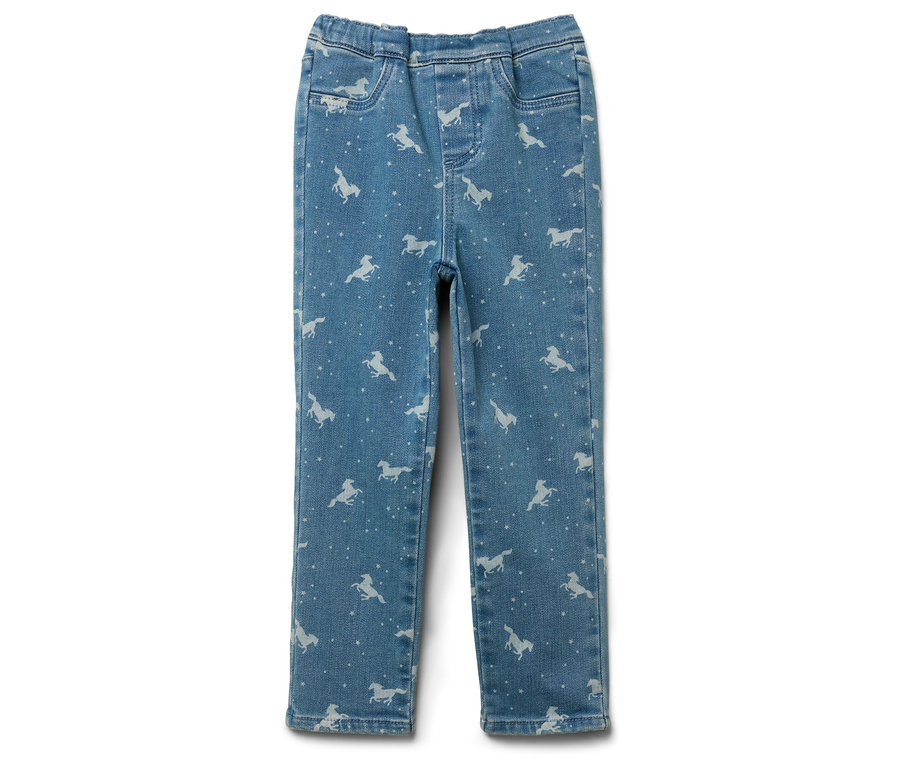 Niebieskie dżinsy z nadrukiem białych koni.