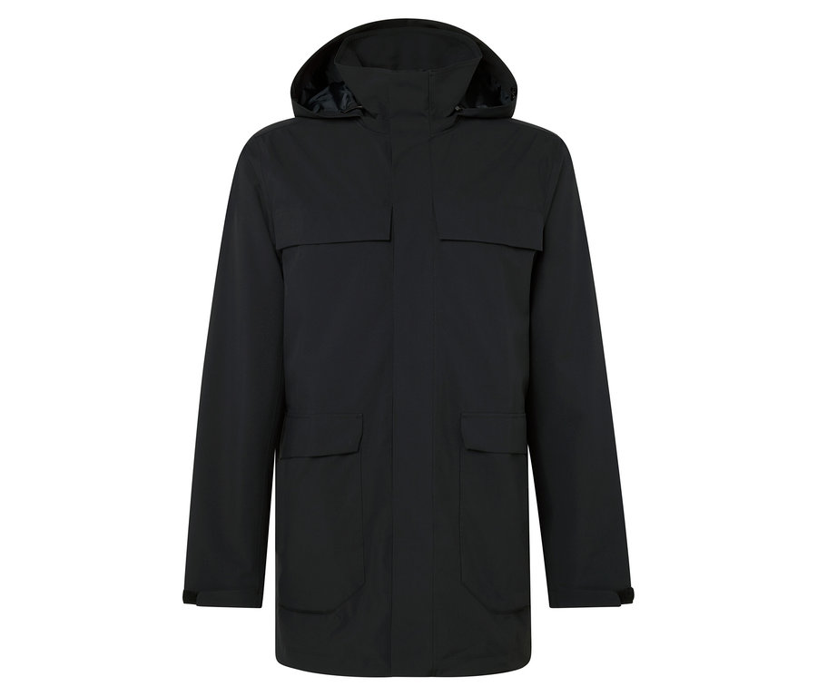 Czarna kurtka z kapturem i kieszeniami.