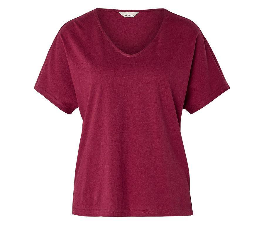 Burgundowy T-shirt z dekoltem w serek leży płasko.