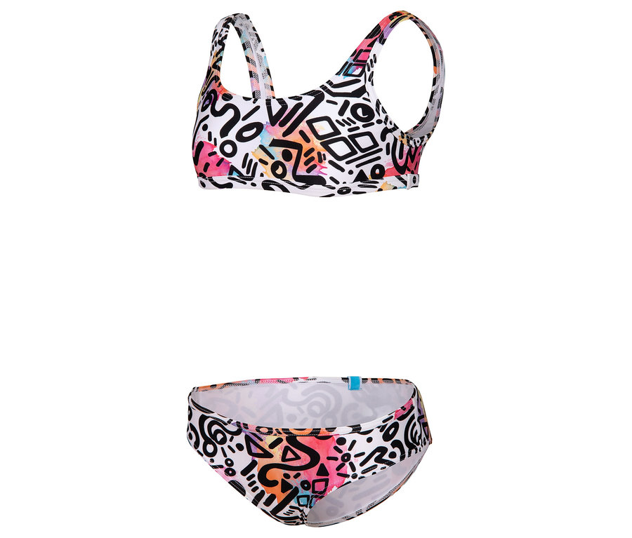 Biały dwuczęściowy strój kąpielowy z kolorowymi geometrycznymi wzorami.