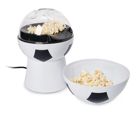 Maszyna do popcornu w kształcie piłki nożnej z miską popcornu.