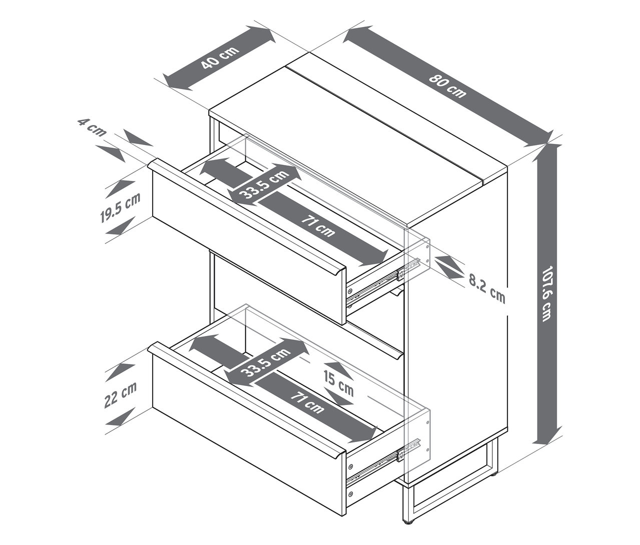 Schematyczny rysunek komody „LEEG” z 4 szufladami i lustrem, z podanymi wymiarami poszczególnych elementów.