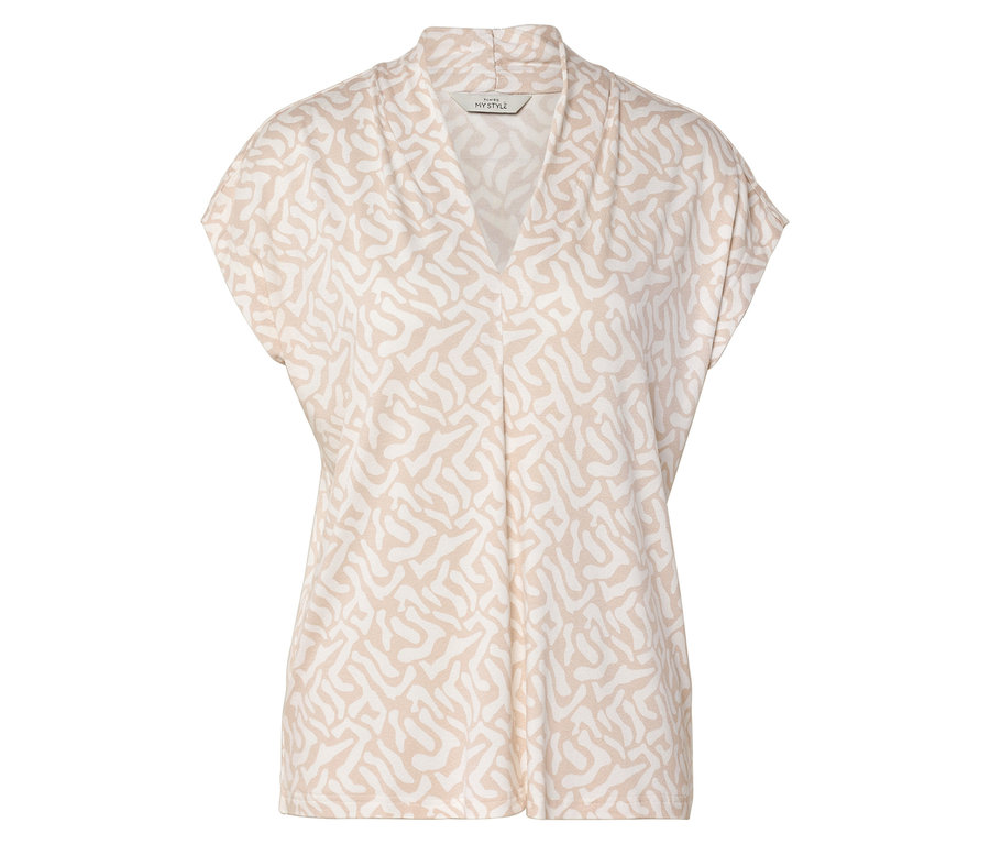 Beżowo-biała bluzka z krótkim rękawem i dekoltem w serek.