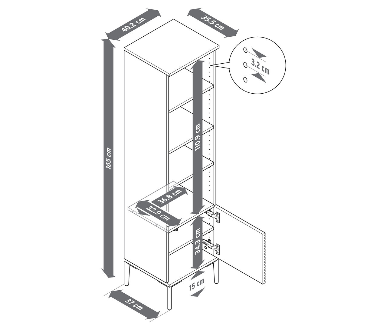 Ilustracja regału „REET” z wymiarami.