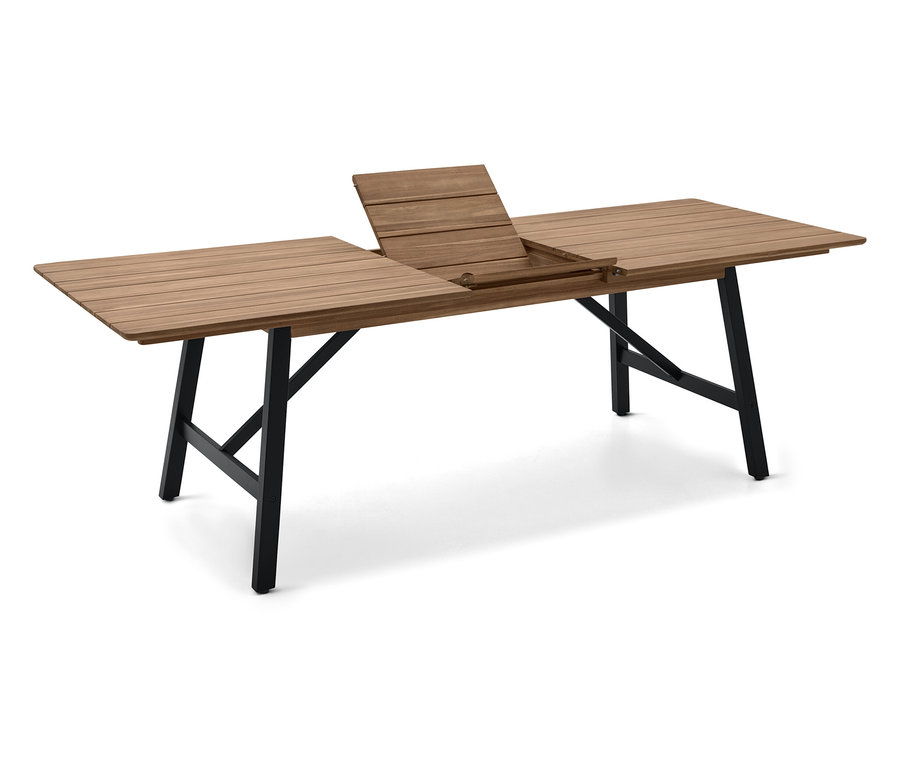 Rozłożony drewniany stół z czarną metalową ramą.