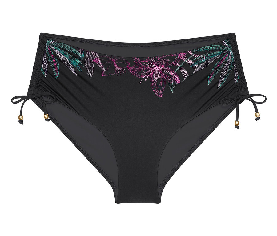 Czarne figi od bikini z kwiatowym wzorem na pasie i marszczeniami po bokach.