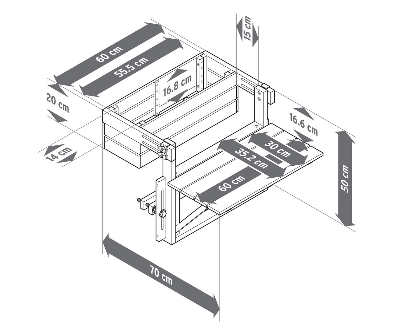 Szczegółowy rysunek techniczny stołu ściennego z różnymi wymiarami w centymetrach.