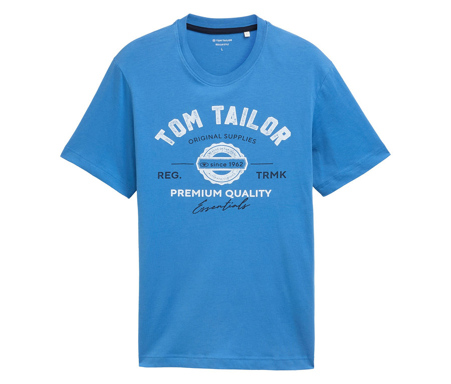 Niebieski T-shirt Tom Tailor z nadrukiem "Original Supplies, Premium Quality Essentials".