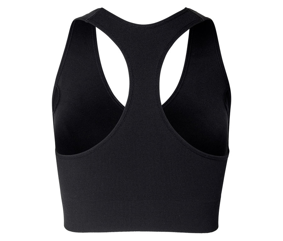 Czarne, prążkowane sportowe top z tyłu z wycięciem typu racerback.