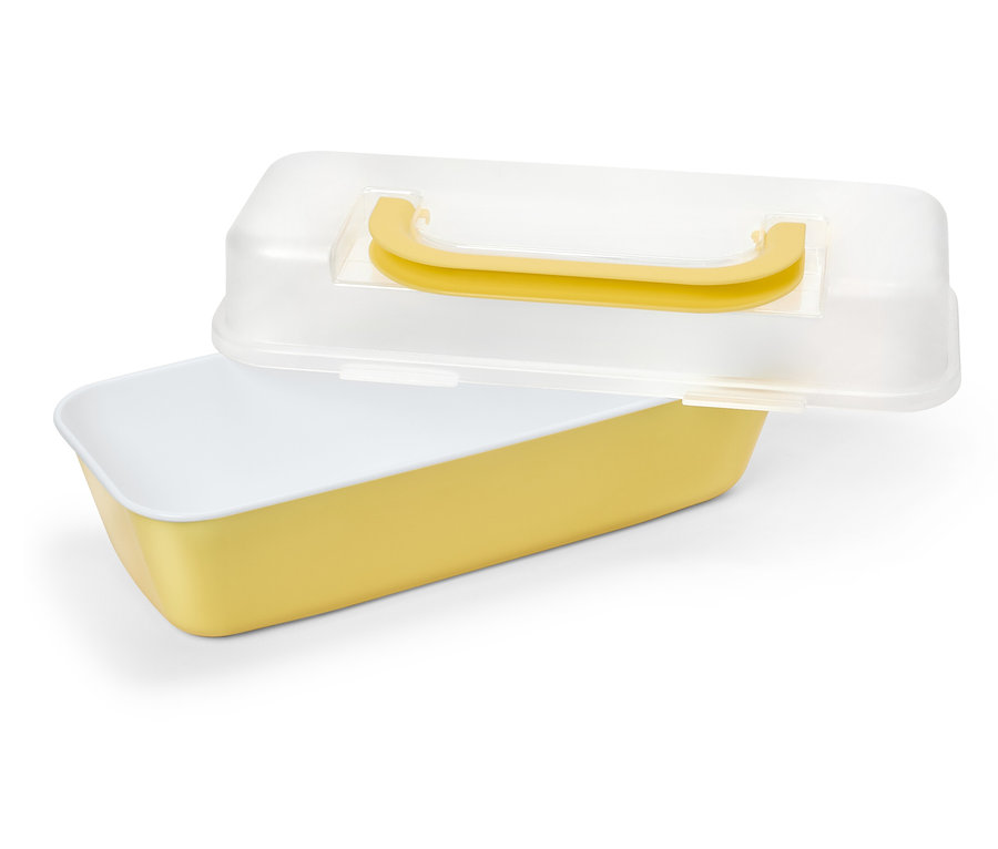 Żółty pojemnik na chleb z częściowo otwartą, przezroczystą pokrywką i żółtym uchwytem.