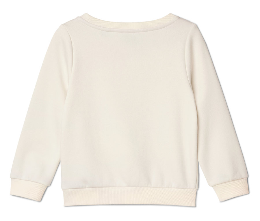 Kremowy sweter z długimi rękawami, widok z tyłu.