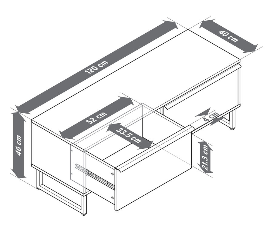 Schemat ławki „LEEG” z 2 szufladami i wymiarami.