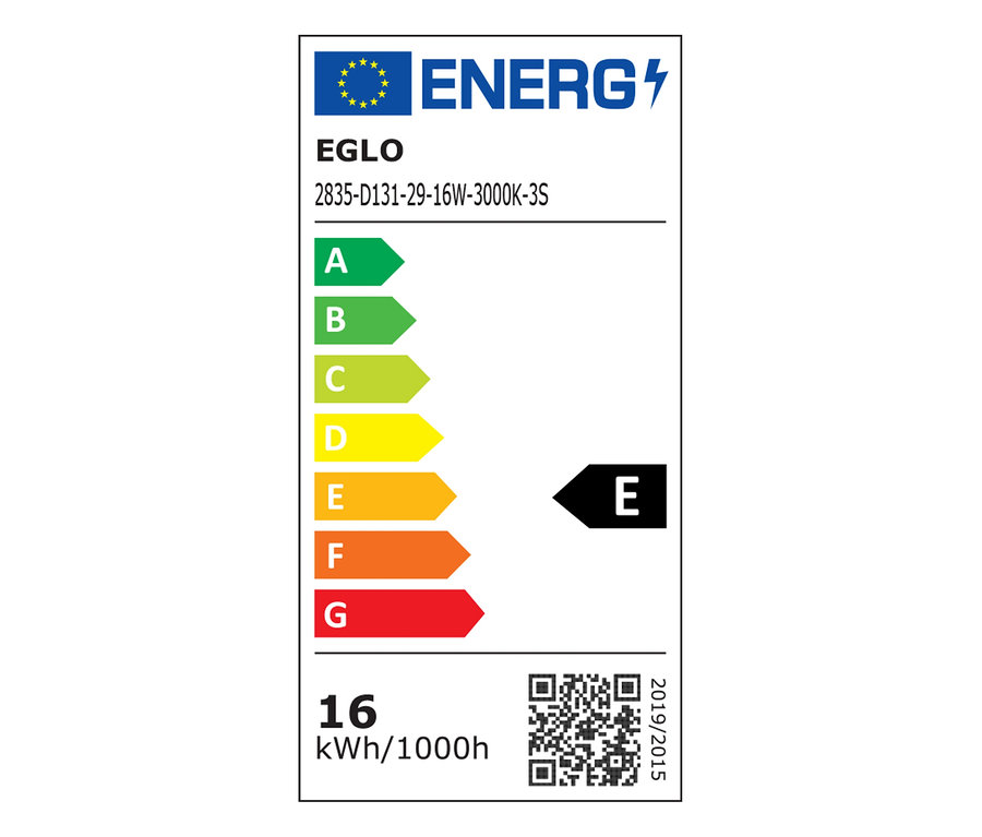 Etykieta energetyczna EGLO 2835-D131-29-16W-3000K-3S z klasą efektywności energetycznej E.