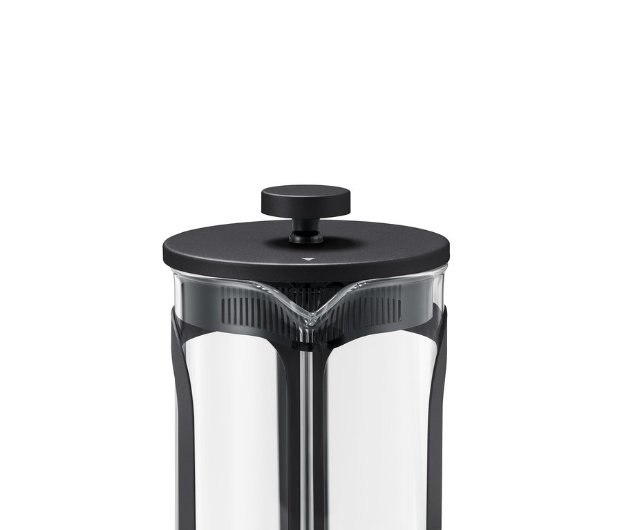 Szczegół czarnego zaparzacza tłokowego o pojemności 800 ml.