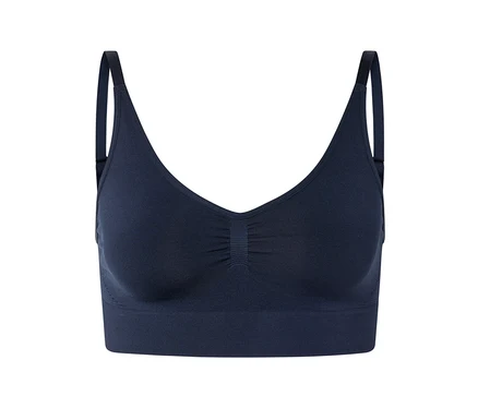 Granatowy biustonosz z dekoltem w szpic i ramiączkami.