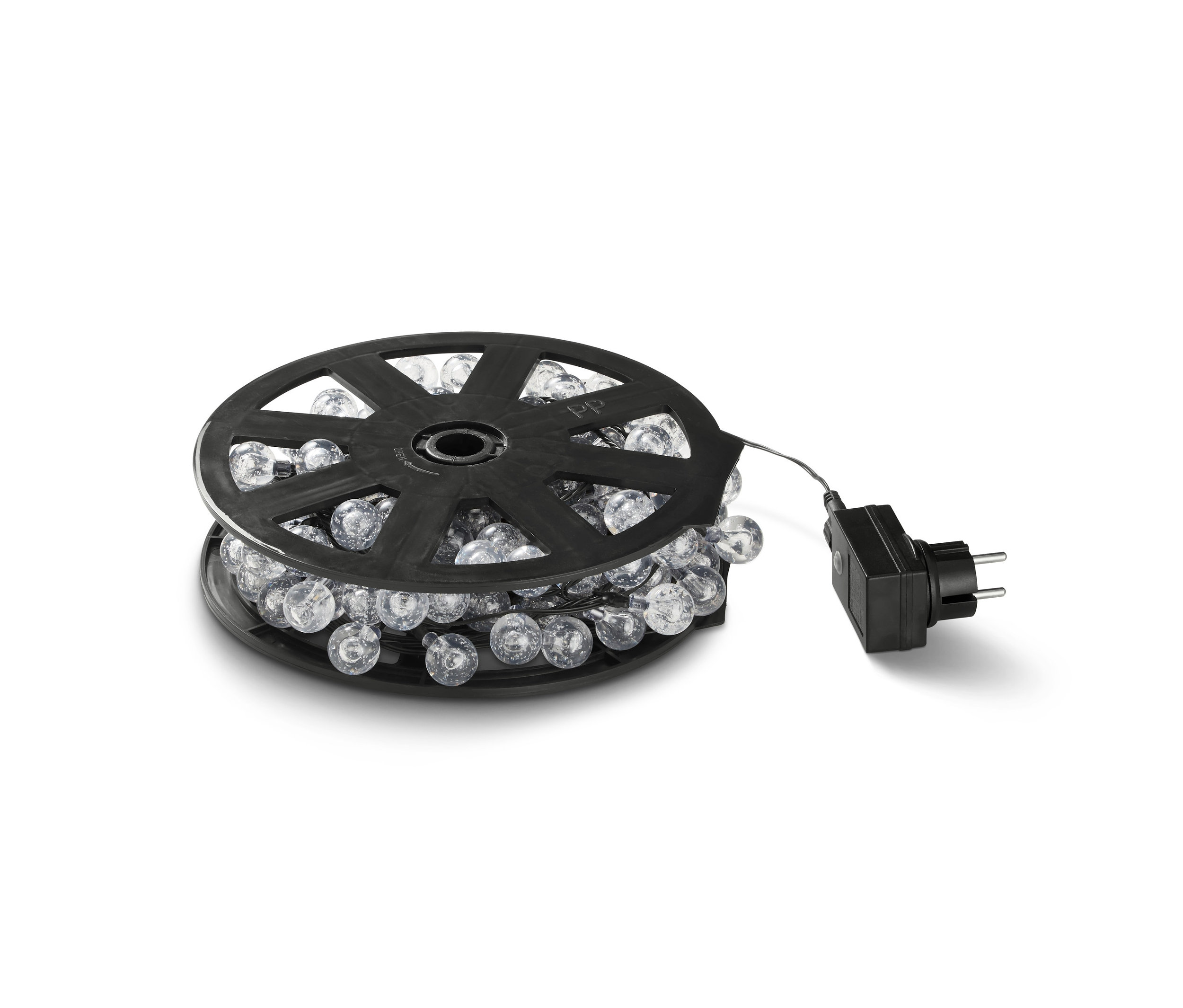 Czarna szpula z zewnętrznym łańcuchem świetlnym LED.