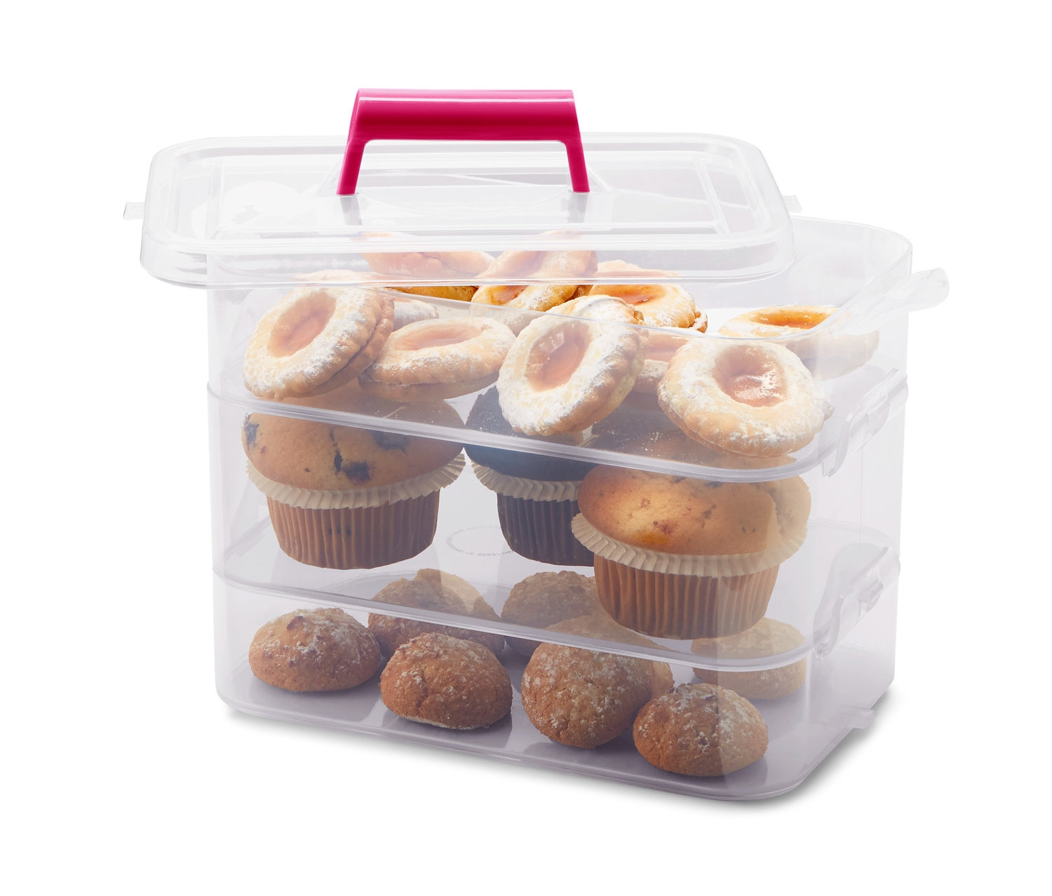 Trzypoziomowe, wielofunkcyjne pojemniki z uchwytem, 3 sztuki, wypełnione babeczkami i ciasteczkami.