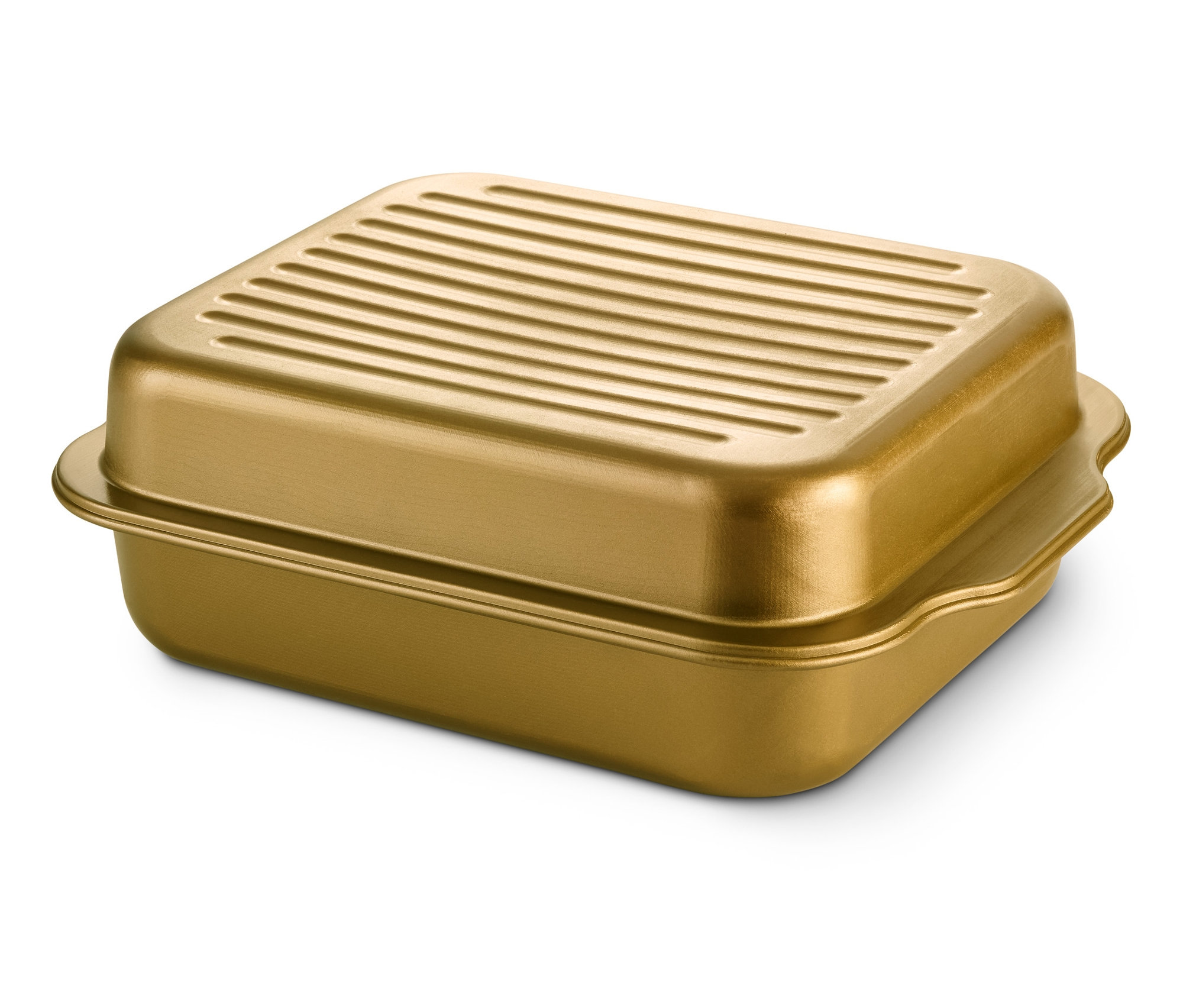 Szczegółowe ujęcie złotej brytfanny ze stali nierdzewnej XL z pokrywką.