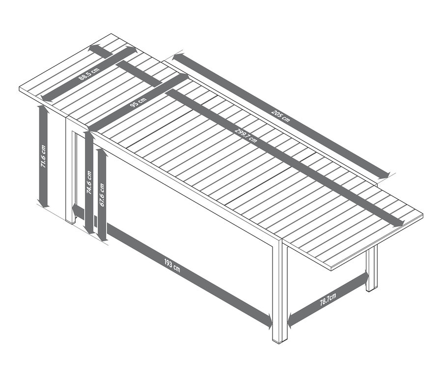 Ilustracja rozkładanego stołu »Liska« z lekkiego aluminium z zaznaczonymi wymiarami.