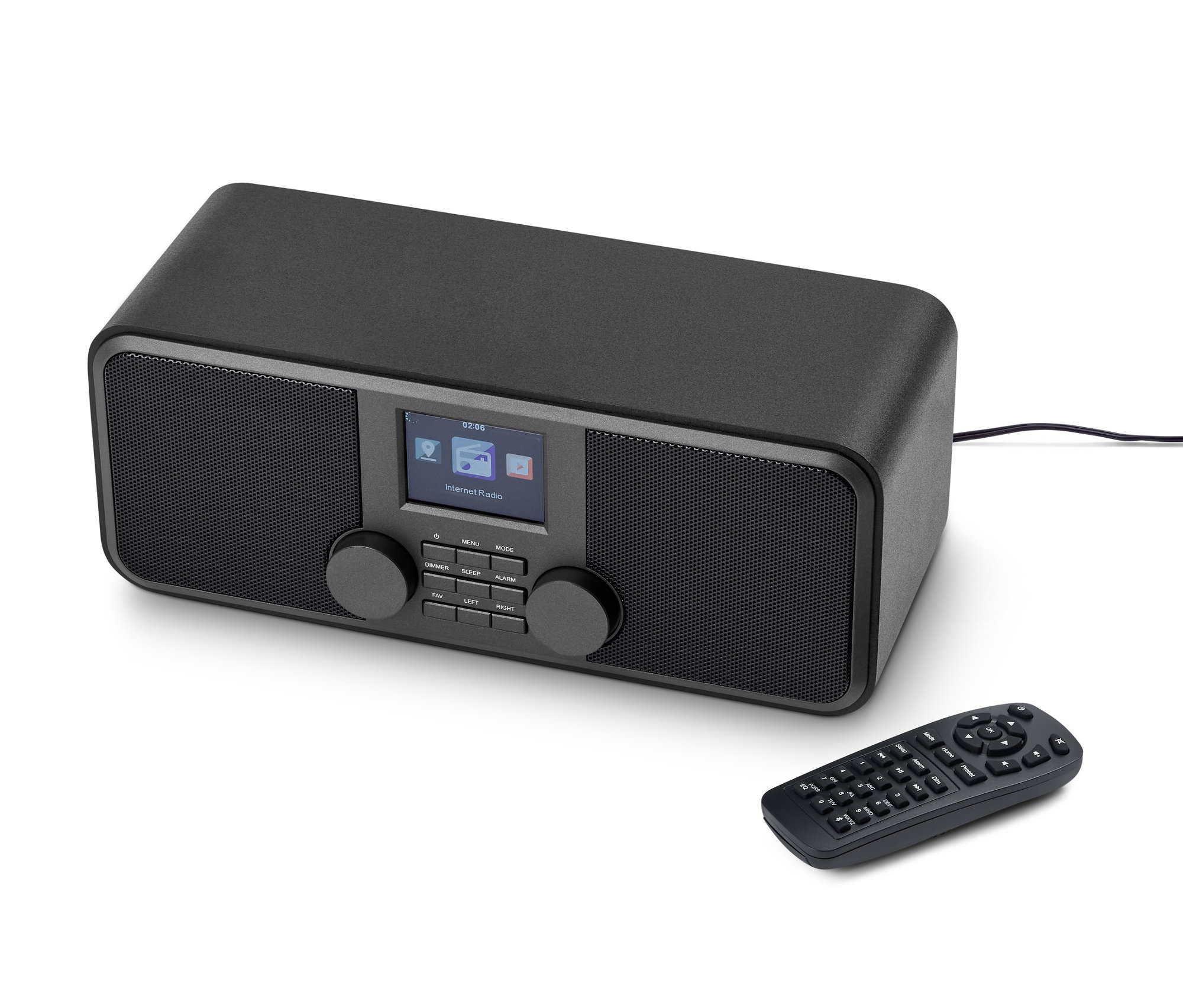 Czarne radio internetowe WLAN z kolorowym wyświetlaczem i pilotem na białym tle.