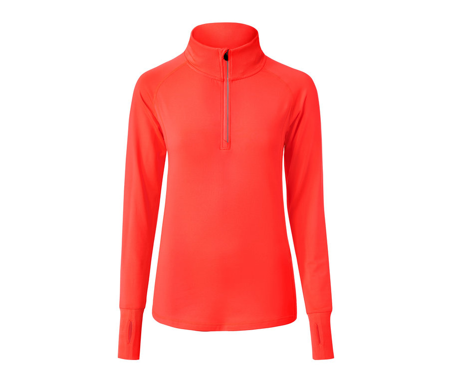 Damska, ciepła koszulka funkcyjna w neonowym kolorze pomarańczowym z długimi rękawami, zamkiem błyskawicznym przy szyi i otworami na kciuki.