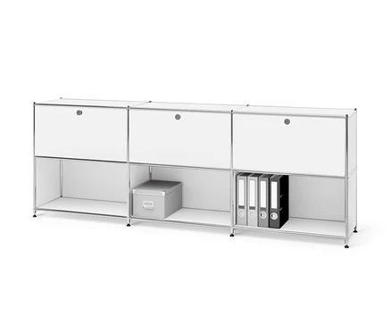 Biała metalowa szafka typu sideboard »CN3« z 3 przesuwnymi przegródkami z klapami i pojemnikiem do przechowywania.
