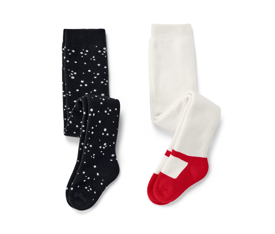 Dwie pary dziecięcych i niemowlęcych rajstop termoaktywnych z baletnicą.