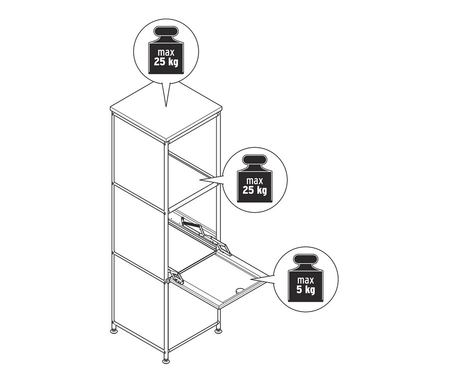 Rysunek wąskiej, białej metalowej komody „CN3” z drewnianym blatem i 2 klapami.
