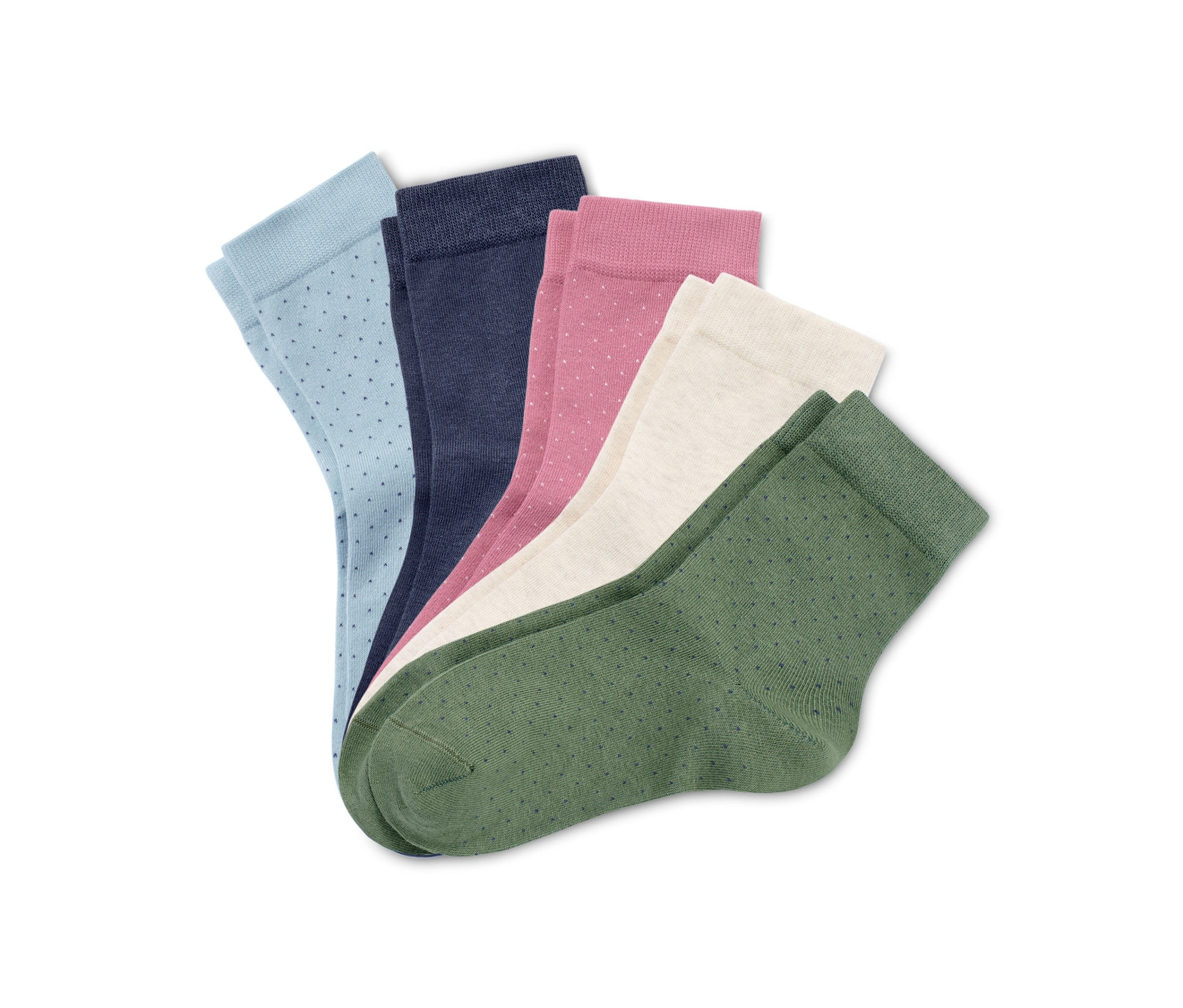 Pięć par skarpet w różnych kolorach w kropki.