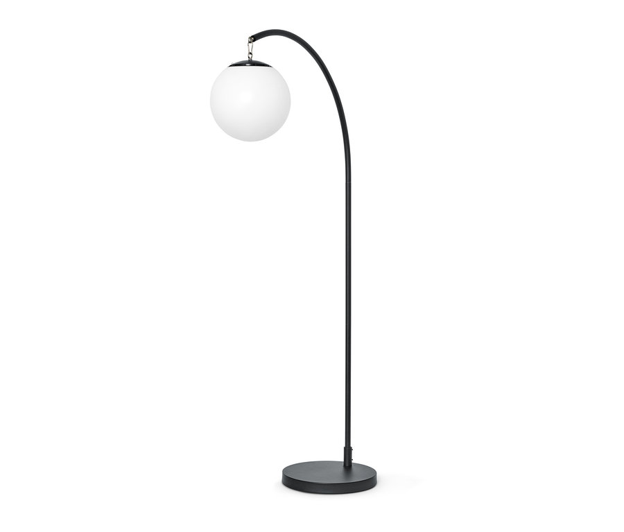 Czarna akumulatorowa lampa łukowa LED z kulistym białym kloszem.