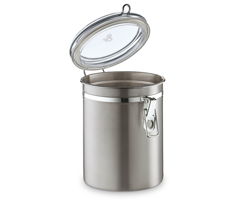 Otwarta puszka zatrzymująca zapach, wykonana ze stali nierdzewnej na białym tle.