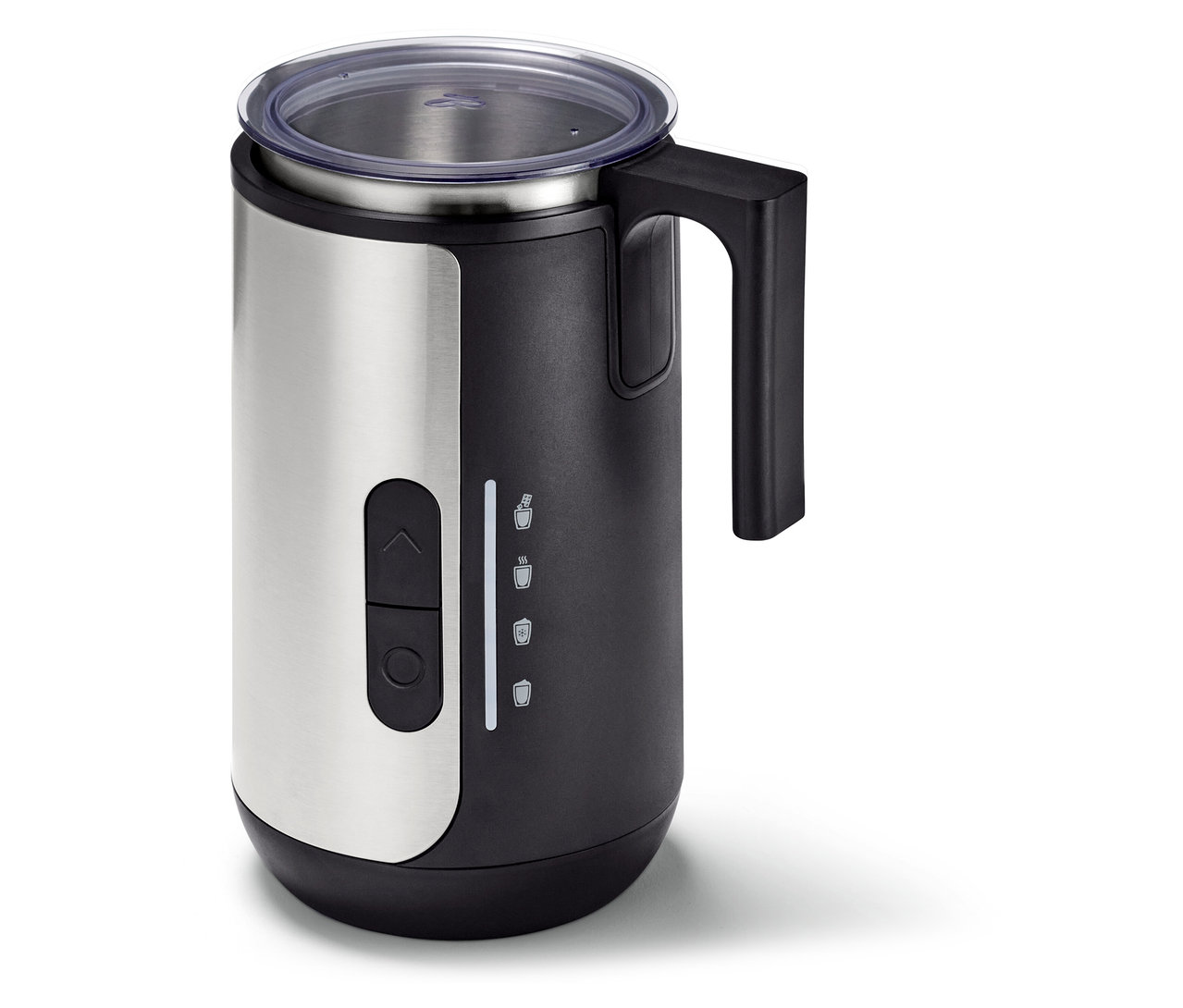 Czarno-srebrny spieniacz do mleka z przezroczystą pokrywką i czarnym uchwytem.