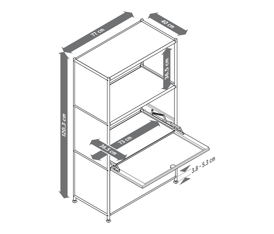 Ilustracja metalowej komody „CN3” z 2 klapami wraz z wymiarami.