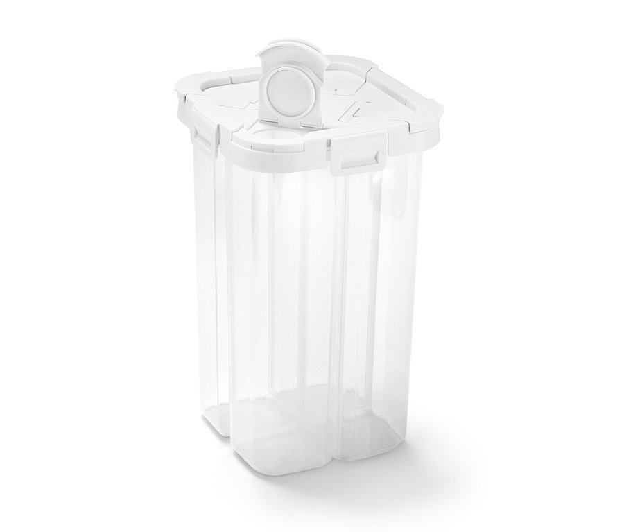 Przezroczysty pojemnik na żywność 4 w 1 z białą pokrywką.