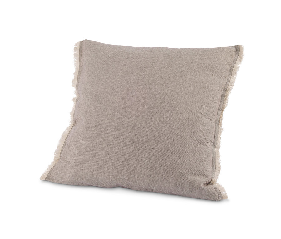 Beżowa dekoracyjna poszewka na poduszkę z frędzlami.