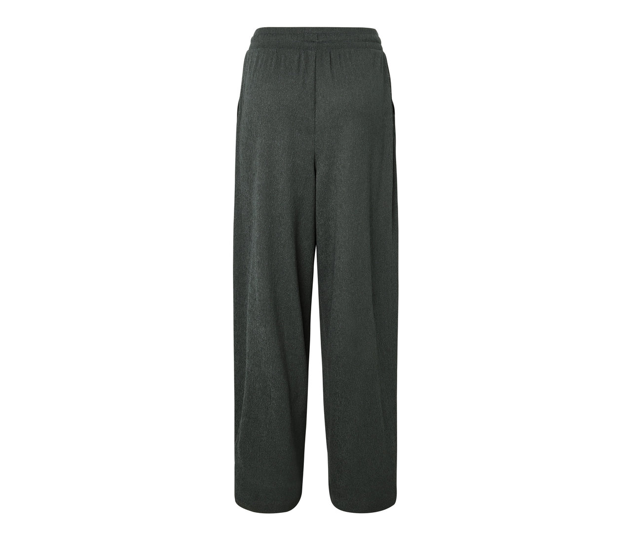 Widok z tyłu ciemnozielonych spodni na gumce z efektem marszczenia.