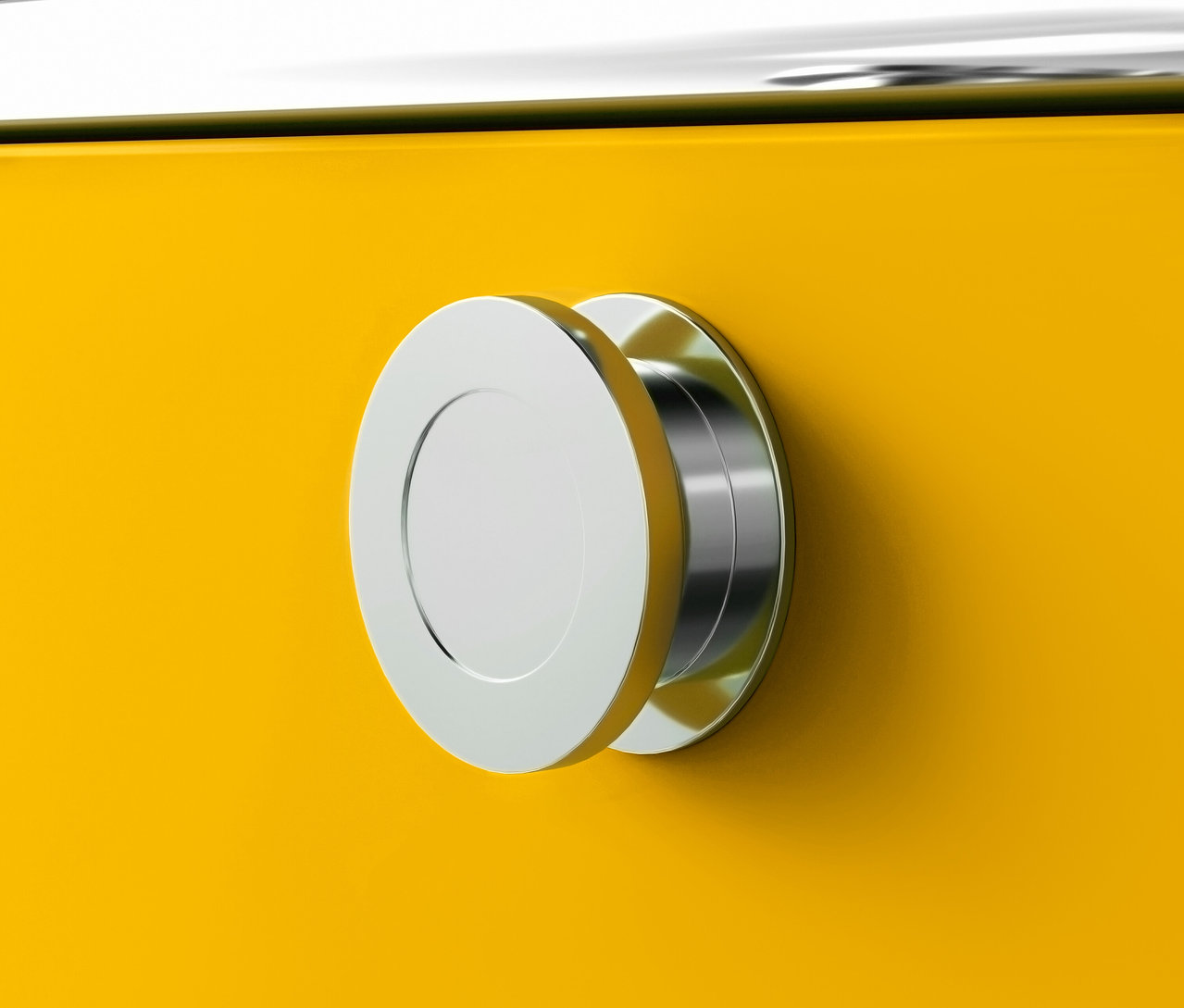 Zbliżenie na żółty kontener na kółkach „CN3” z 3 szufladami i srebrnym uchwytem.