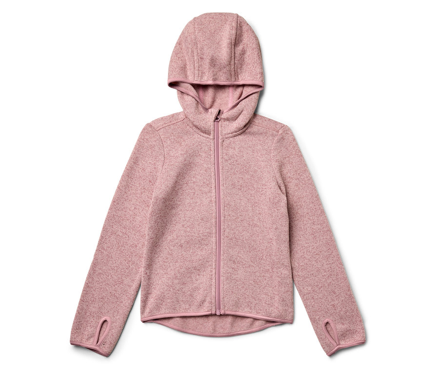 Różowa bluza polarowa z kapturem i zamkiem błyskawicznym.