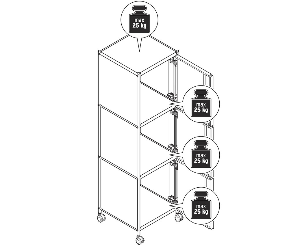 Szkic metalowego kontenera na kółkach »CN3« z 3 drzwiczkami, z których jedne są otwarte.
