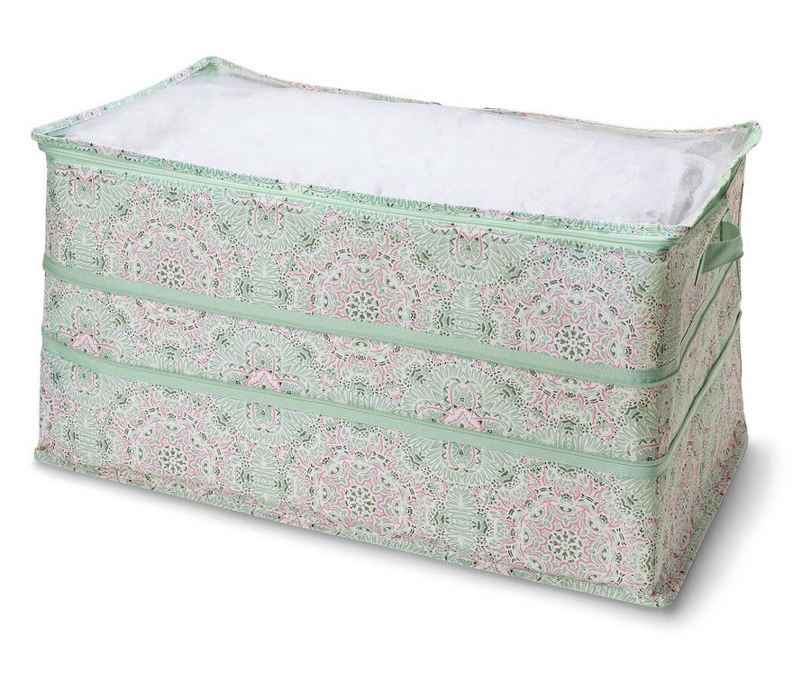 Widoczny Jumbo-Aufbewahrung z pokrywką, z zielonym wzorem i różowymi detalami.