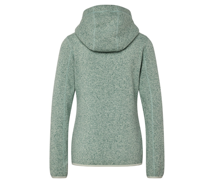 Widok z tyłu jasnozielonej bluzy polarowej z kapturem.