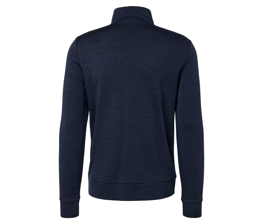 Widok z tyłu granatowej bluzy zapinanej na zamek.