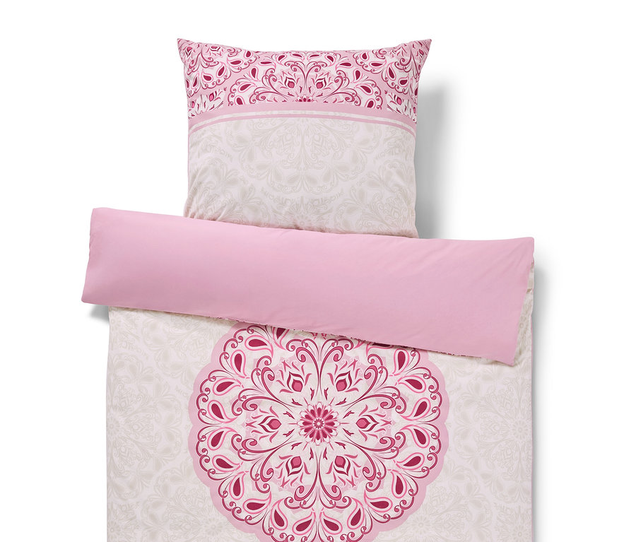 Różowa i zielona pościel Renforcé z mandalą w standardowym i ponadwymiarowym rozmiarze.