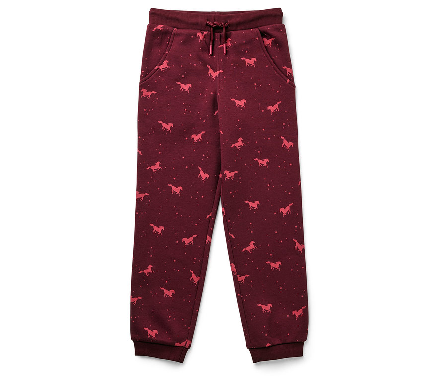 Bordowe spodnie dresowe z różowym wzorem koni i gwiazd.