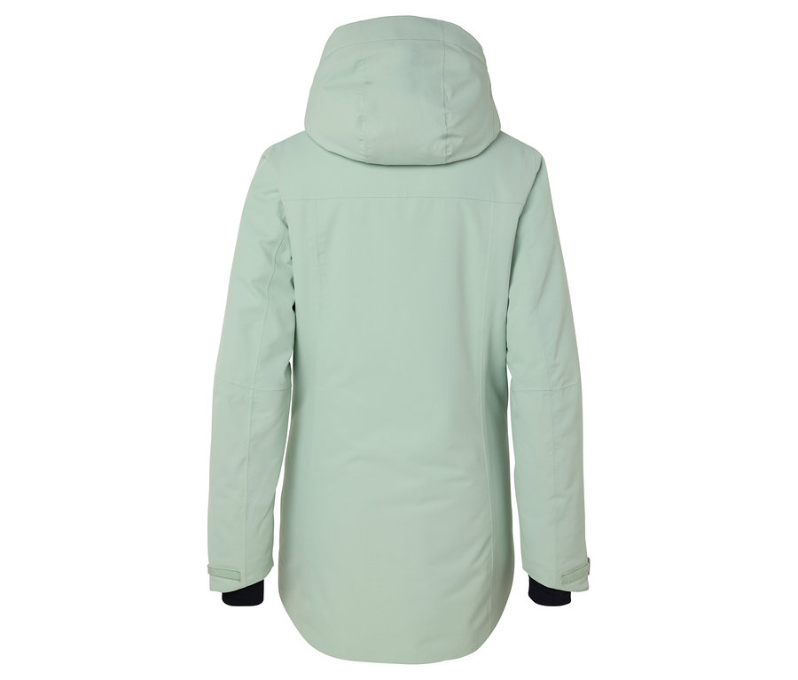 Widok z tyłu jasnozielonej kurtki z kapturem.