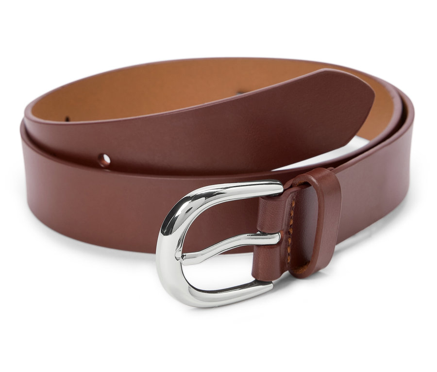 Brązowy skórzany pasek Ledergürtel z srebrną klamrą.