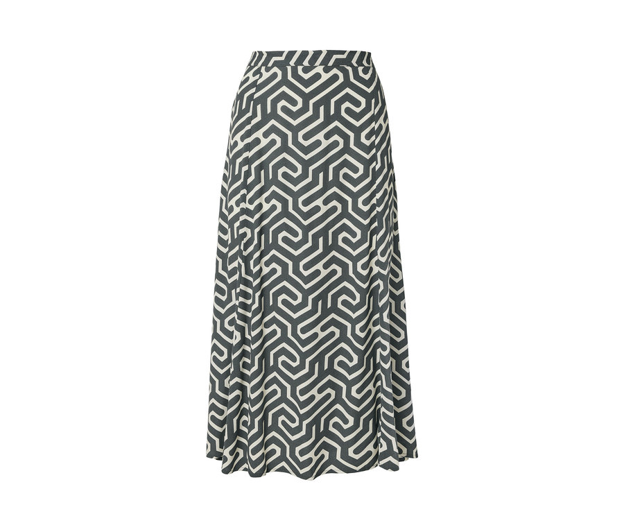 Wzorzysta spódnica midi z geometrycznym wzorem w kolorze szarym i białym.
