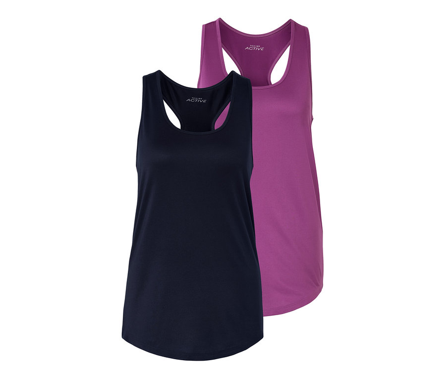 Dwa topy funkcyjne, fioletowy i granatowy.