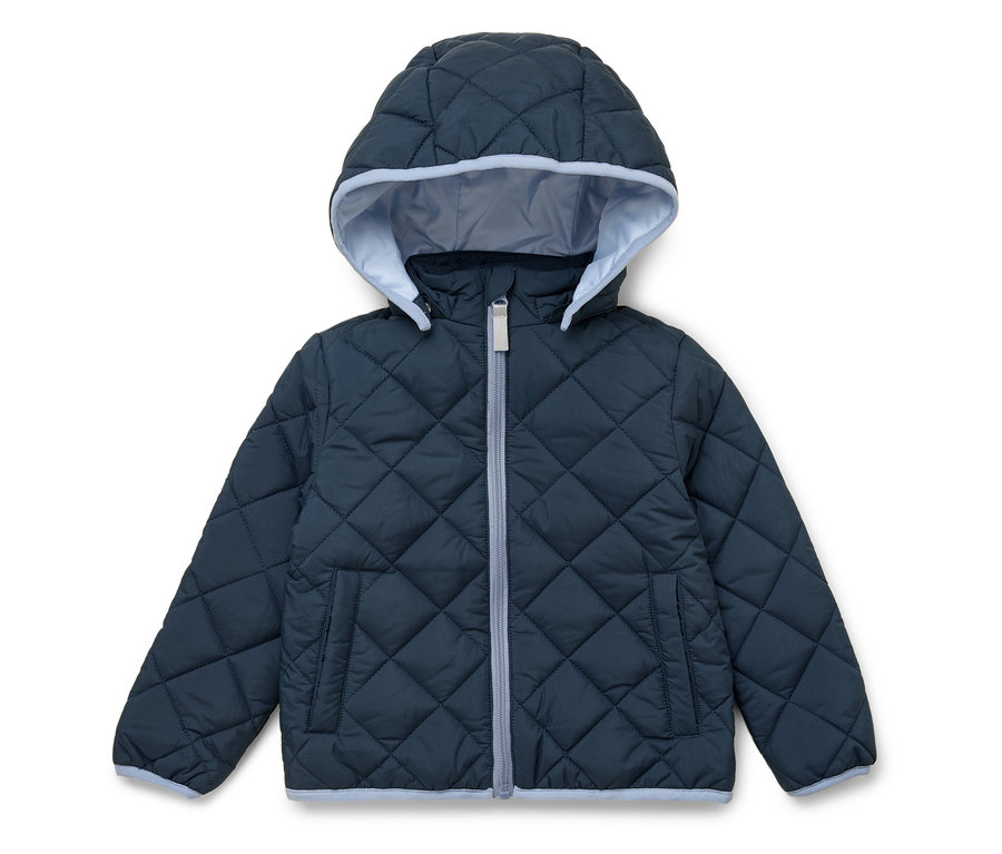 Granatowa kurtka z kapturem, pikowana w romby z jasnoniebieską podszewką i zamkiem błyskawicznym