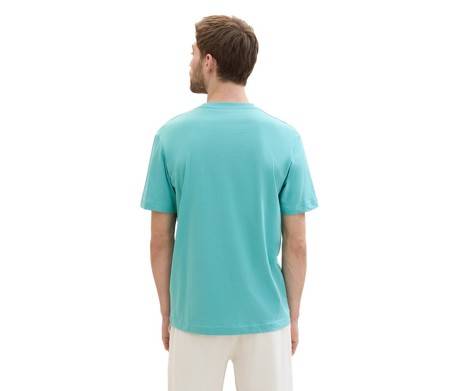 Mężczyzna od tyłu w koszulce z logo Tom Tailor, meadow teal i jasnych spodniach.